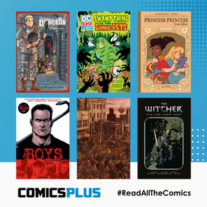 Comics Plus promotional graphic with book covers of adventure stories